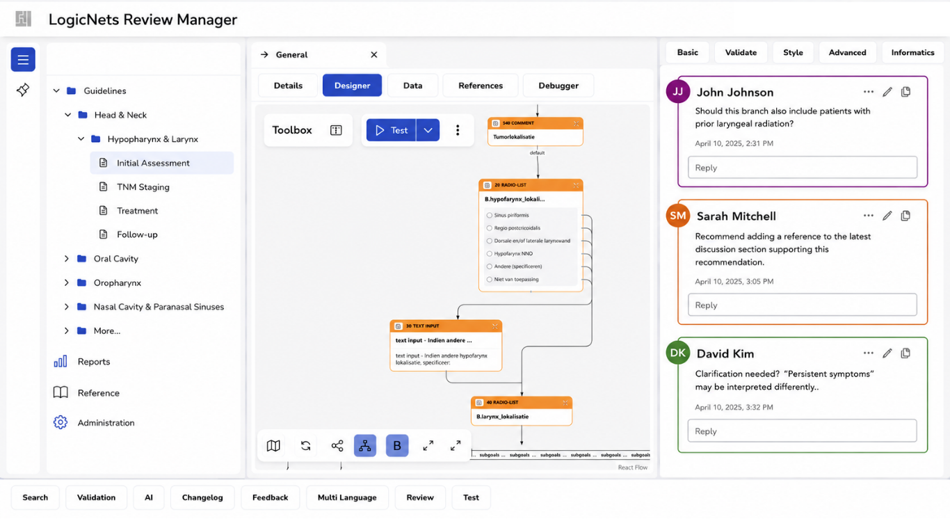 LogicNets Review Manager — clinical validation with inline comments
