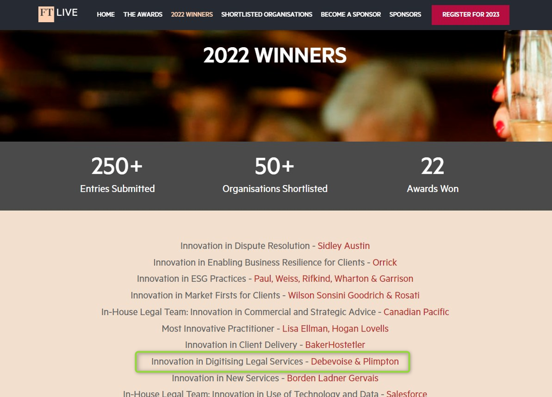 Debevoise & Plimpton Wins Financial Times Innovation Award Using LogicNets